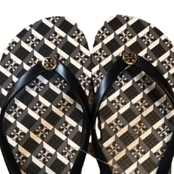 Tory Burch Printed Two Tone Flip Flops Geometric Black Size 9 NWT - Picture 3 of 4